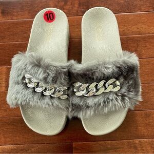 Silver Chain Faux Fur Platform Slides
